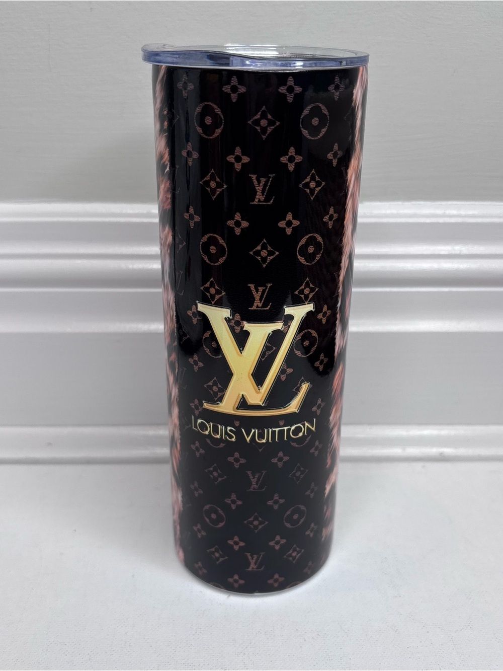 Designer Inspired LV style Monogram Leopard Print Travel Tumbler Cup w/ Lid